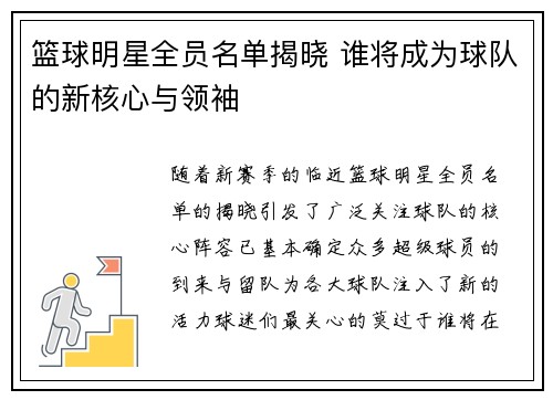 篮球明星全员名单揭晓 谁将成为球队的新核心与领袖